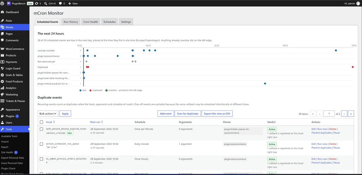 The Scheduled Events screen: a timeline of the next 24 hours of WP-Cron events grouped by owner, above the event list with each hook's owner and orphan verdict.