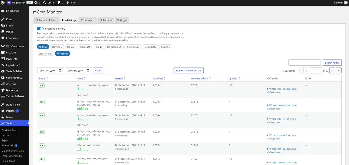 The Run History screen, listing each run with its status, duration, memory added, query count and warnings.