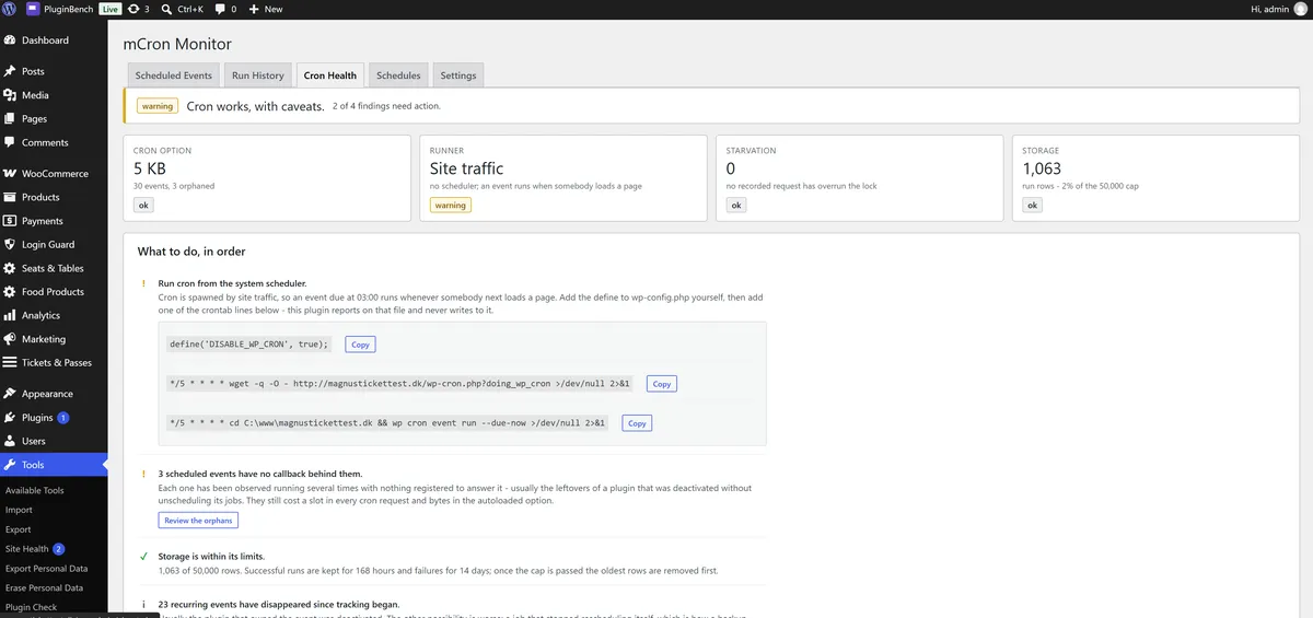 The Cron Health screen, with a ranked list of what to fix first and the crontab lines to copy.