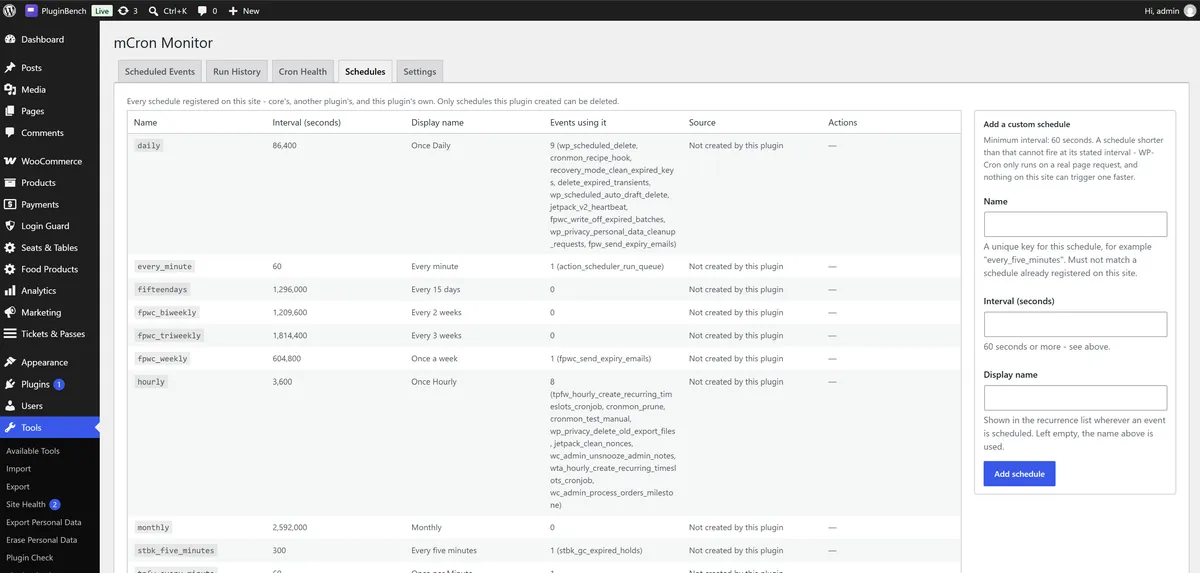 The Schedules screen, listing every registered interval and the events using it, plus custom schedules.