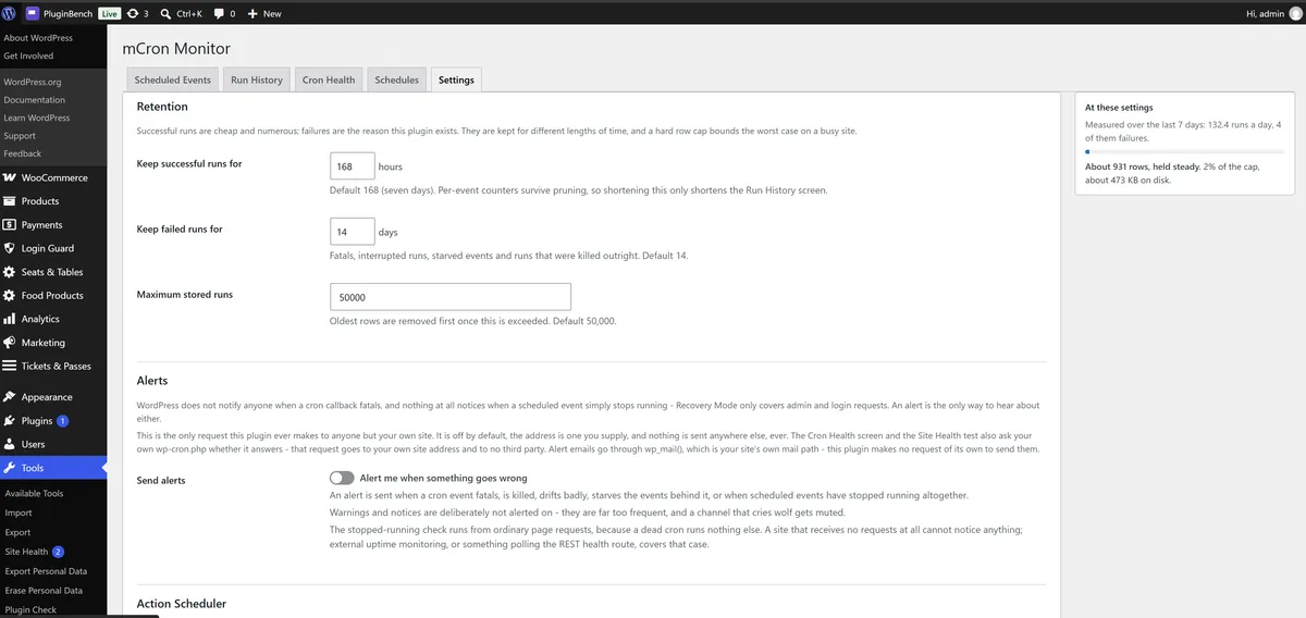 The Settings screen, with retention, email and webhook alerts, and Action Scheduler recording.
