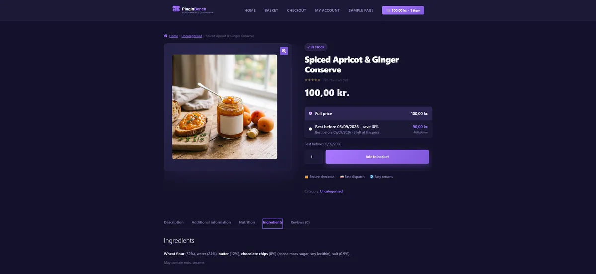 A food product page on the shop front end, with the nutrition declaration table, the ingredient list with allergens in bold, and the expiry date shown to the shopper.