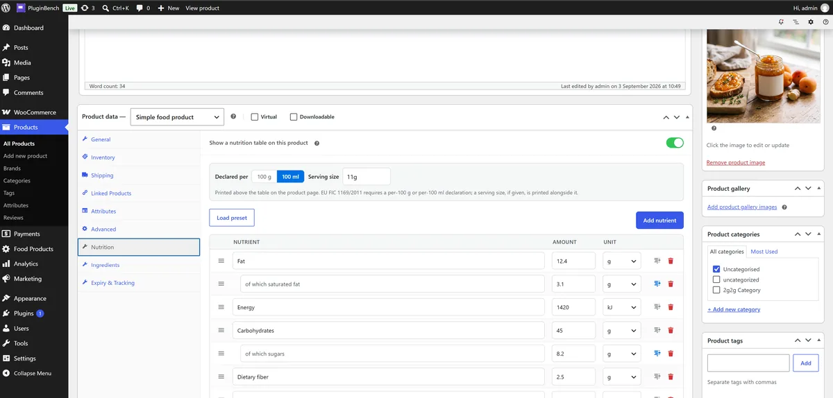 The Nutrition tab in the product editor: the label, amount and unit table declared per 100 g or 100 ml.