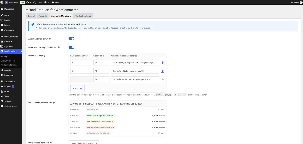 The Automatic Markdown settings, where you set the discount steps that reduce a batch as its expiry date gets closer.