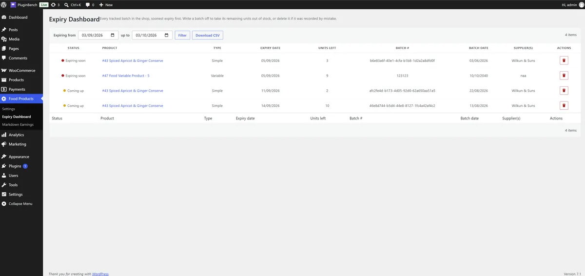 The Expiry Dashboard: every batch row from every food product in one list, closest expiry first, filterable by date range and exportable as CSV.
