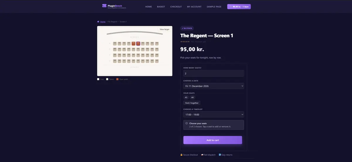 The same picker as a seating chart, with numbered rows of seats and a find-seats-together button.