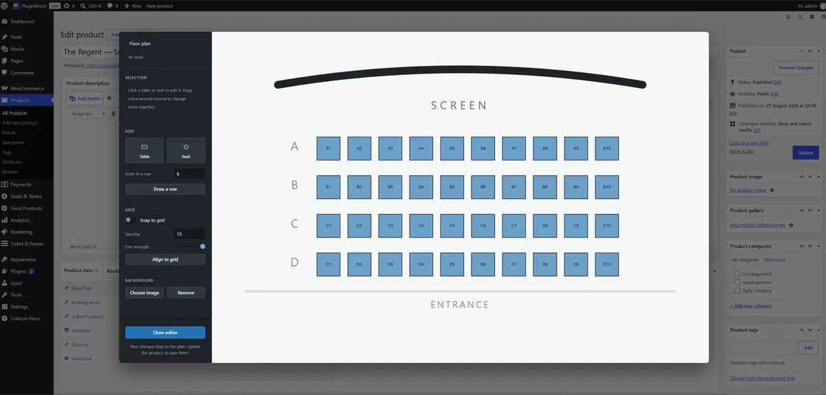 The floor plan editor laying out rows of numbered seats with the row tool, for a cinema or a theatre.