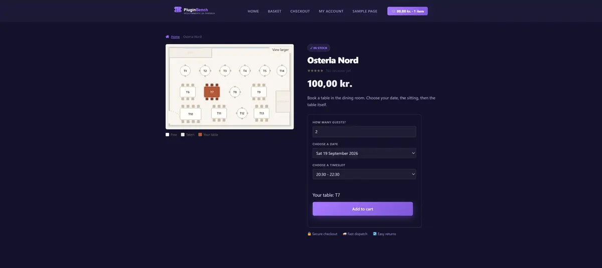 A Booking venue product page, where the customer picks a date, a sitting and then a table off the dining room floor plan.