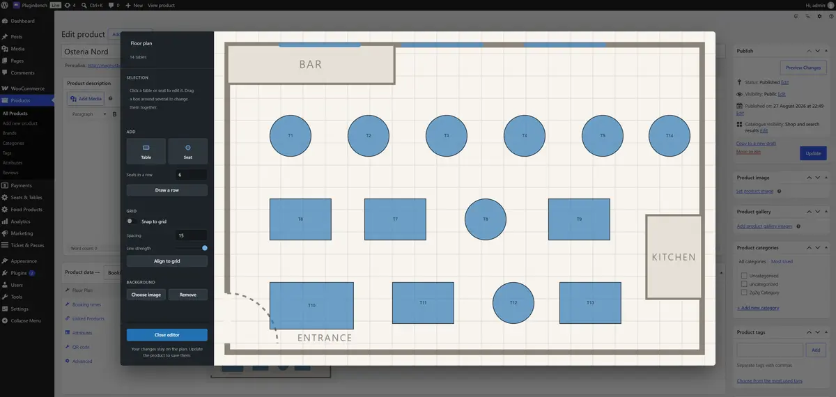 The floor plan editor in wp-admin, with tables dragged onto a drawing of the room.