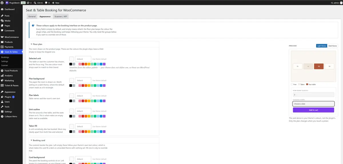 The Appearance tab, with colour overrides for the picker and a live preview beside them.