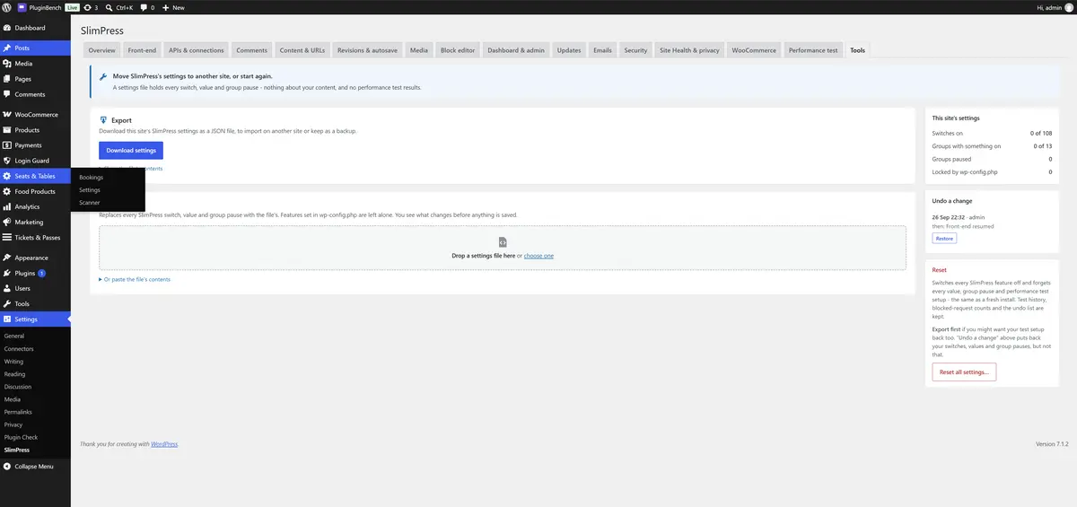 The Tools tab, with settings export, import and reset.