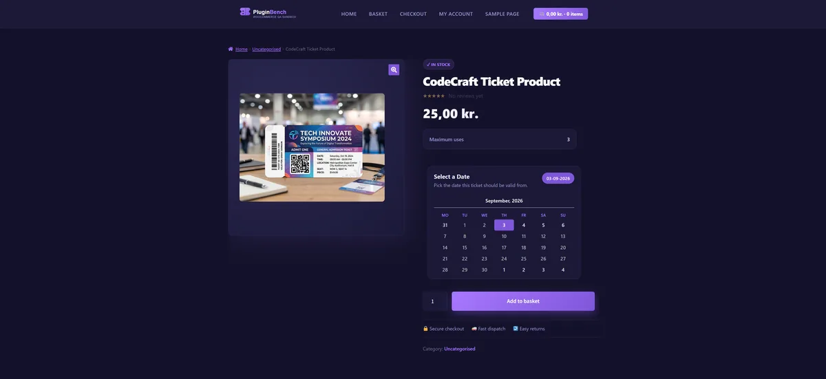 A Ticket product page on the frontend, as the customer sees it before adding it to the cart.