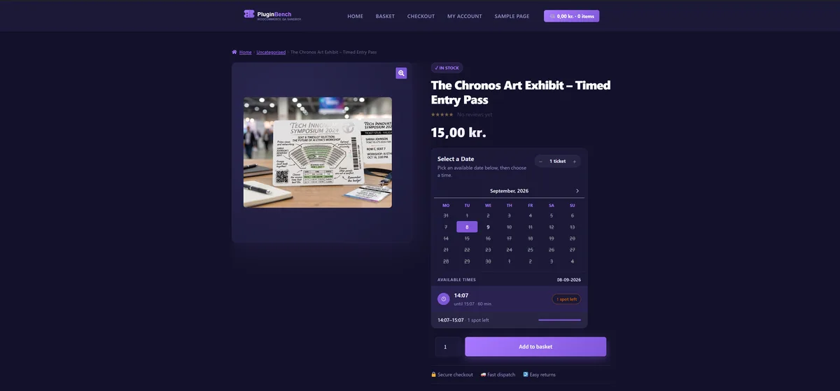 A Timeslot Ticket product page, where the customer picks a date and then an available time.