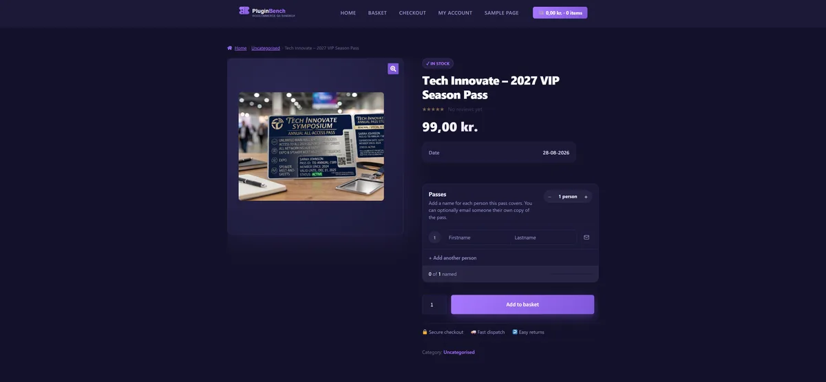 A Pass product page, showing the pass details and the cardholder fields collected at purchase.