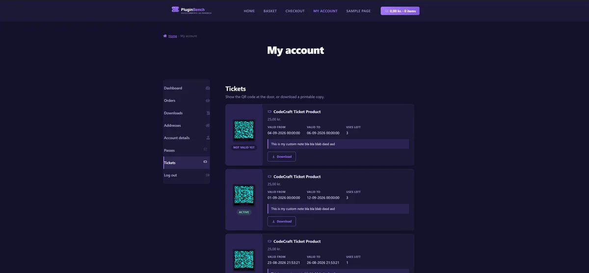 The Tickets tab in My Account, where customers view and download their tickets.