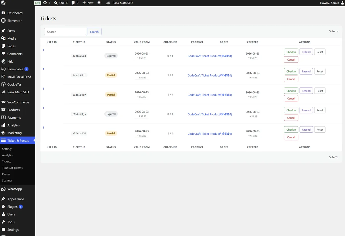 The ticket dashboard in wp-admin, with search, manual check-in, resend, reset and cancel.